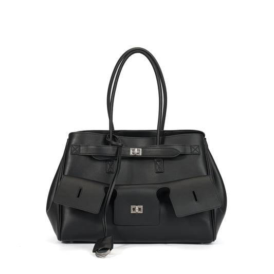 Timeless Elegance Black Leather Tote | Large Capacity Women's Handbag