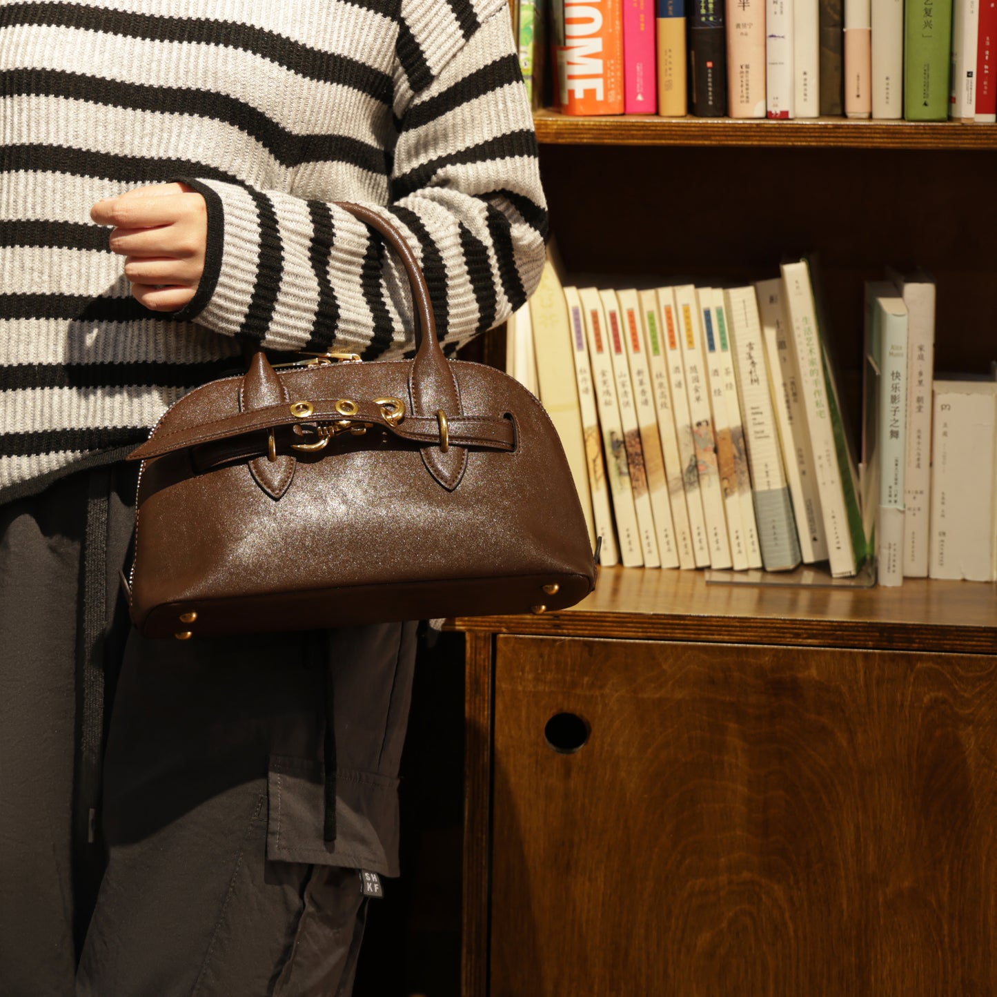 Timeless Elegance Arched Leather Shell Bag | Premium Calfskin Brown