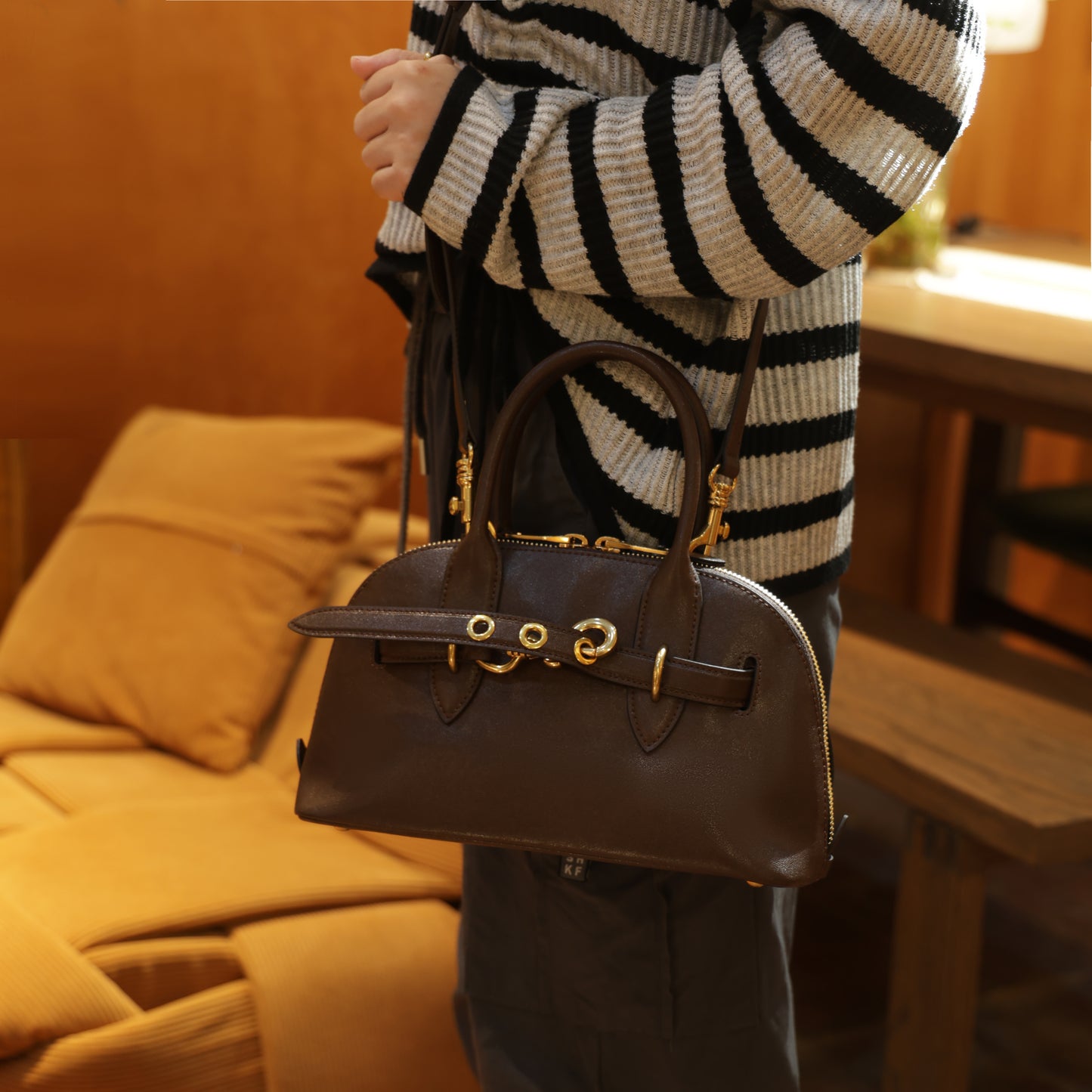 Timeless Elegance Arched Leather Shell Bag | Premium Calfskin Brown