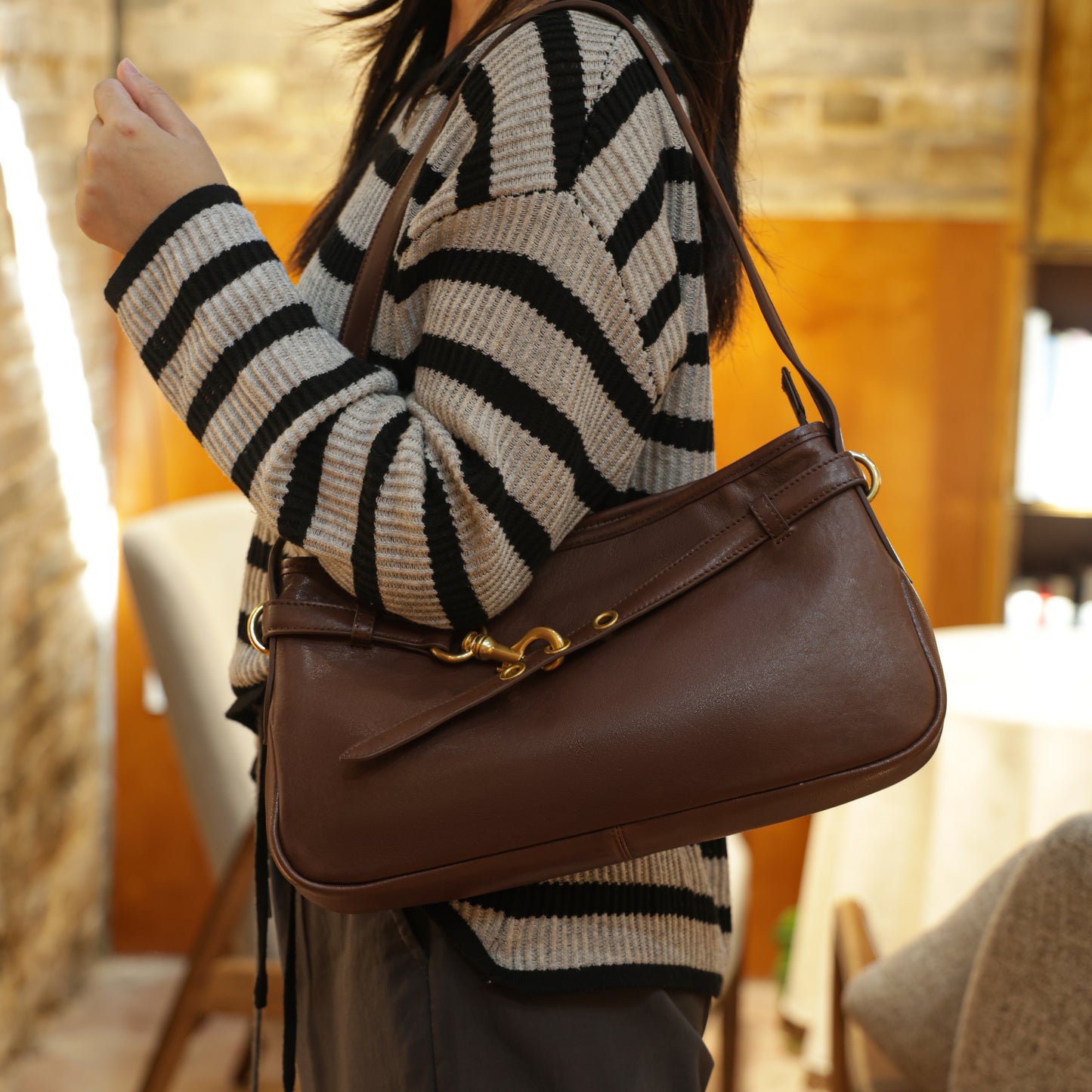 Timeless Elegance Coffee Brown Genuine Leather Shoulder Bag