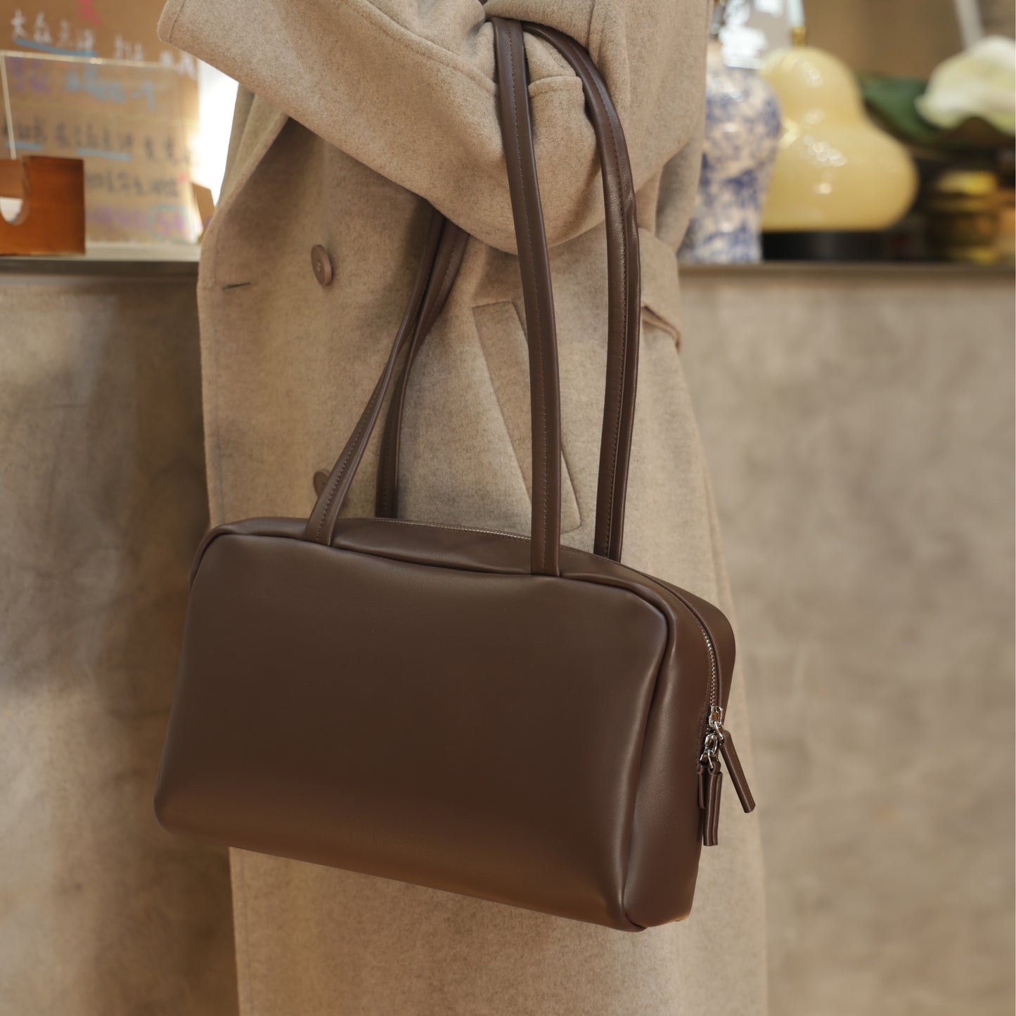 Timeless Elegance Coffee Brown Lambskin Bowling Bag | Boston Shoulder Bag