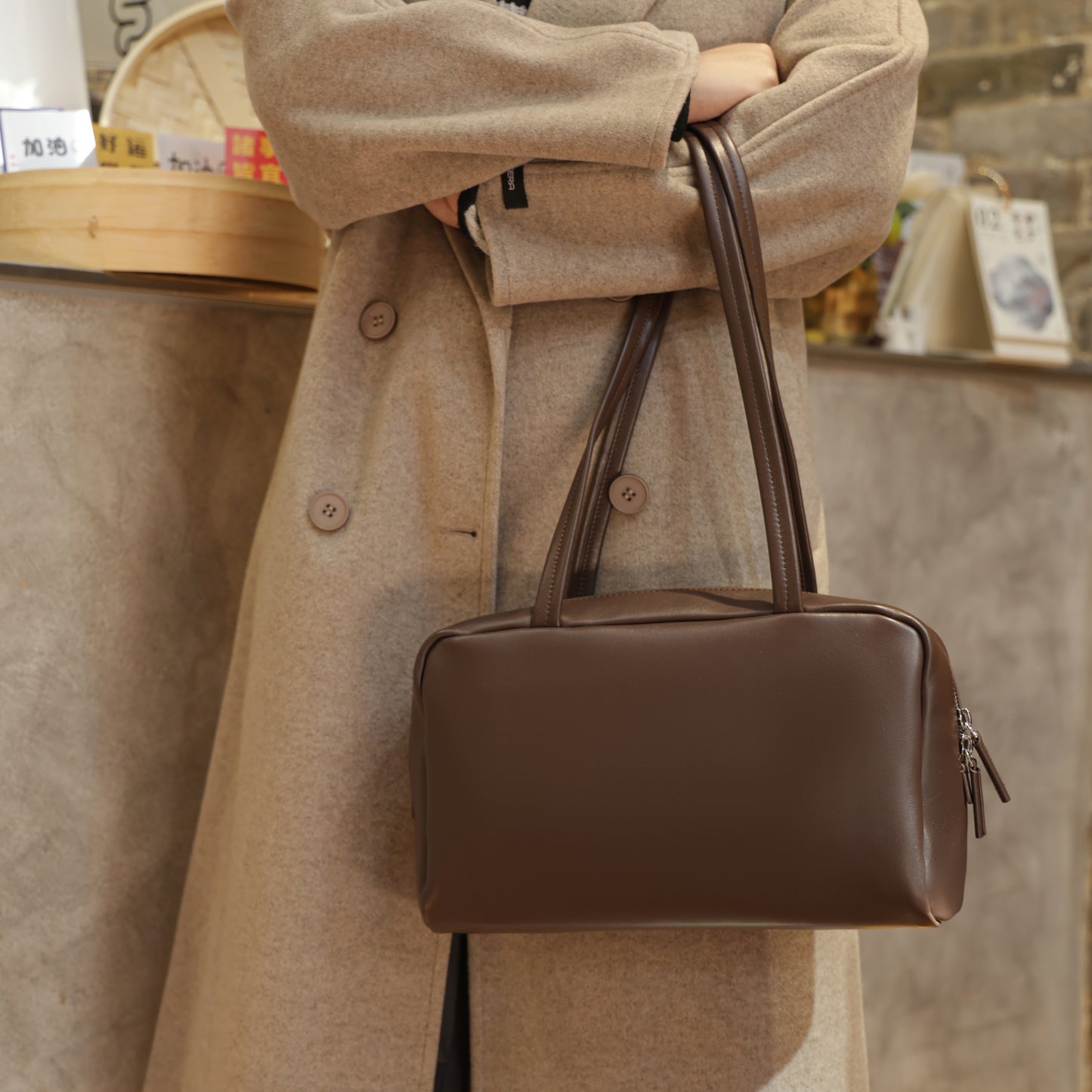 Timeless Elegance Coffee Brown Lambskin Bowling Bag | Boston Shoulder Bag