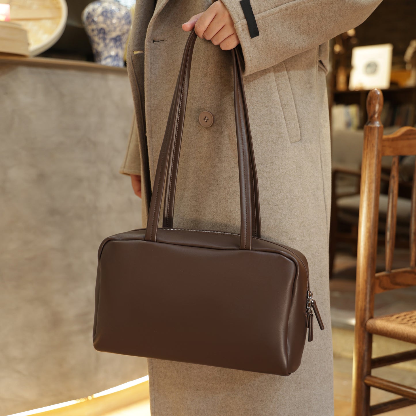 Timeless Elegance Coffee Brown Lambskin Bowling Bag | Boston Shoulder Bag