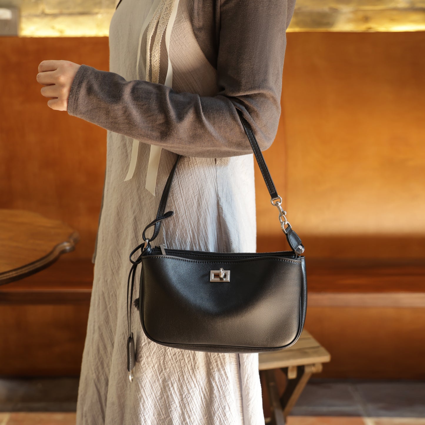 Timeless Elegance Minimalist Shoulder Bag | Black with Silver Buckle