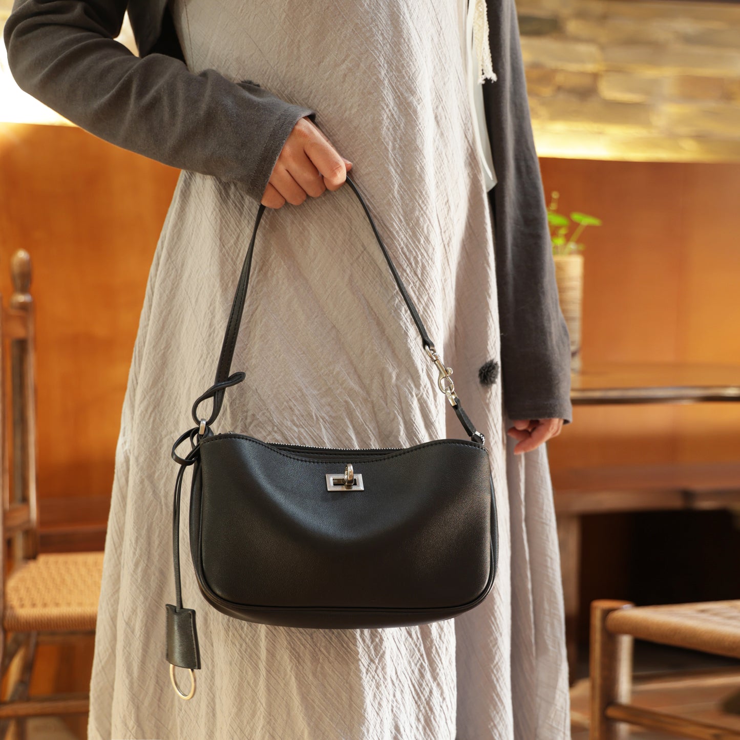 Timeless Elegance Minimalist Shoulder Bag | Black with Silver Buckle