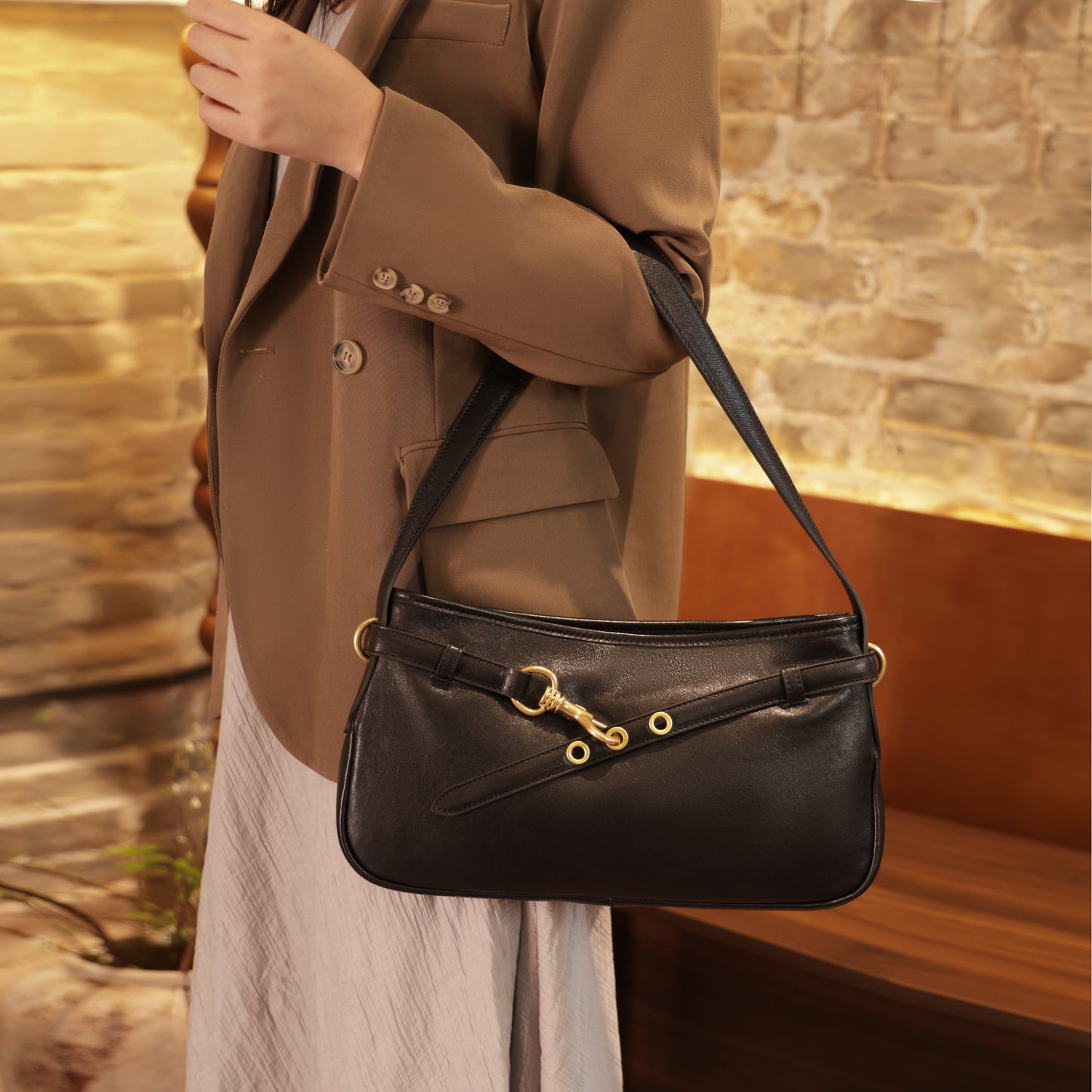 Timeless Elegance Black Genuine Leather Shoulder Bag