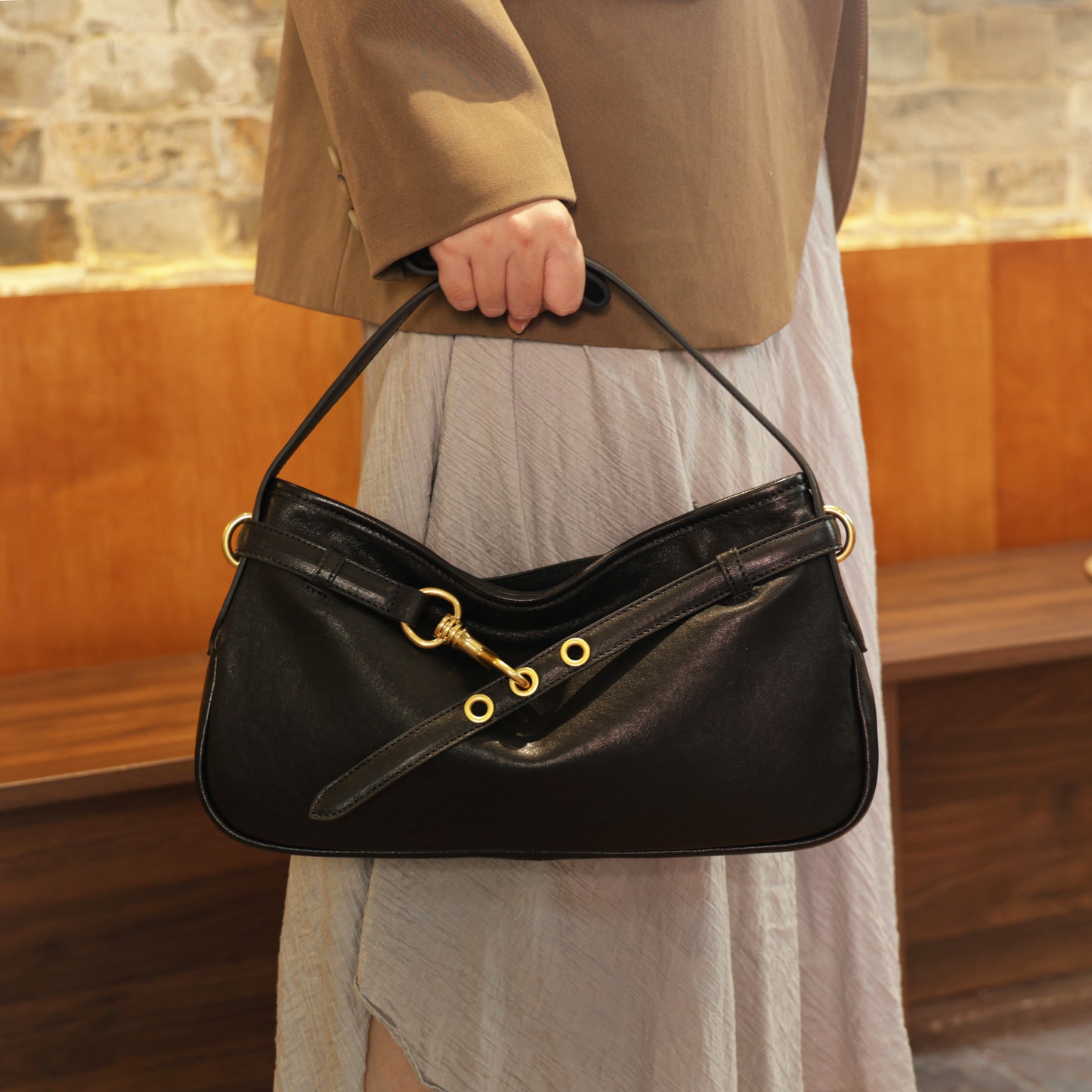 Timeless Elegance Black Genuine Leather Shoulder Bag