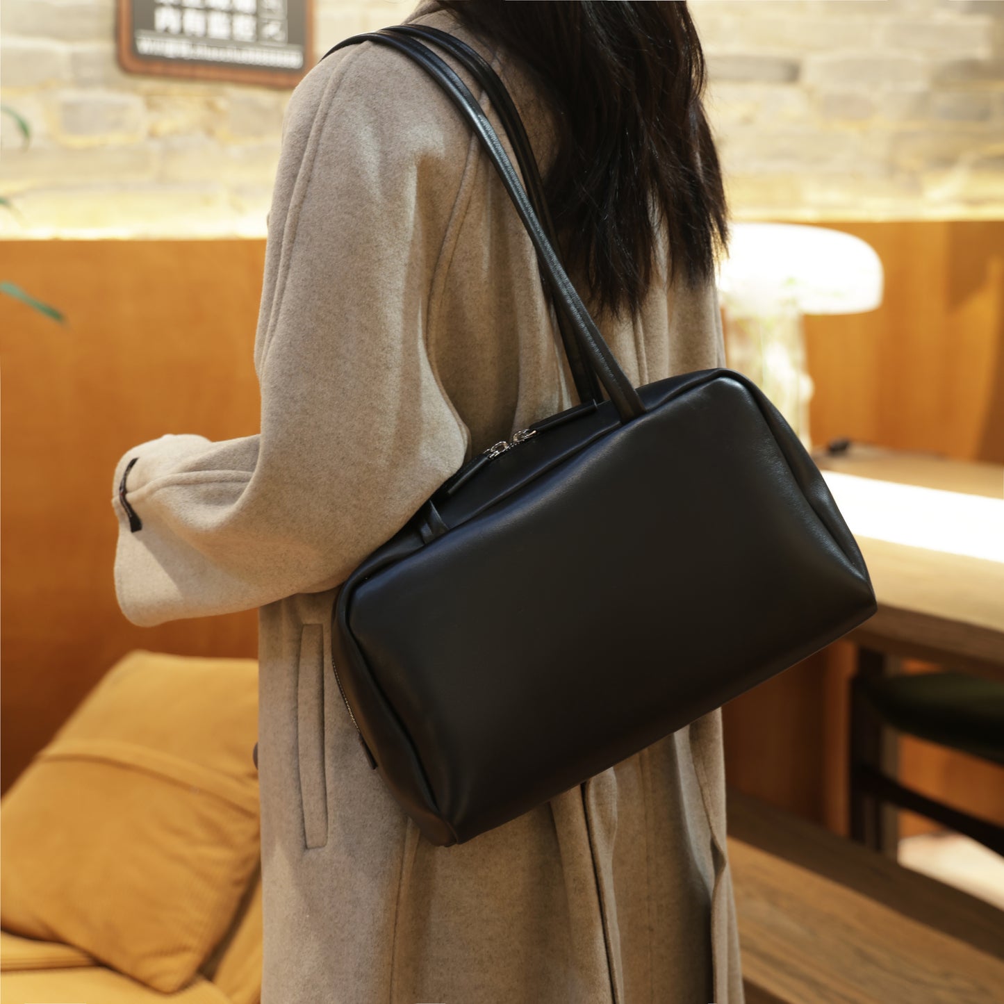 Timeless Elegance Black Lambskin Bowling Bag | Boston Shoulder Bag