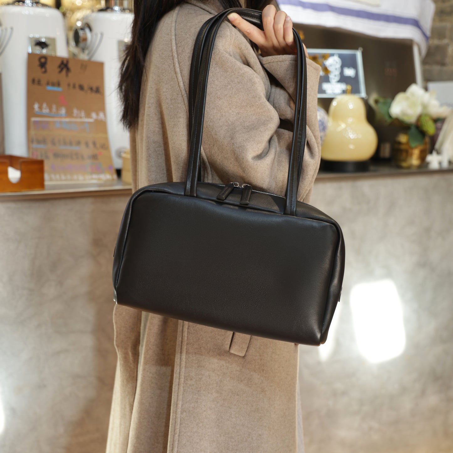 Timeless Elegance Black Lambskin Bowling Bag | Boston Shoulder Bag