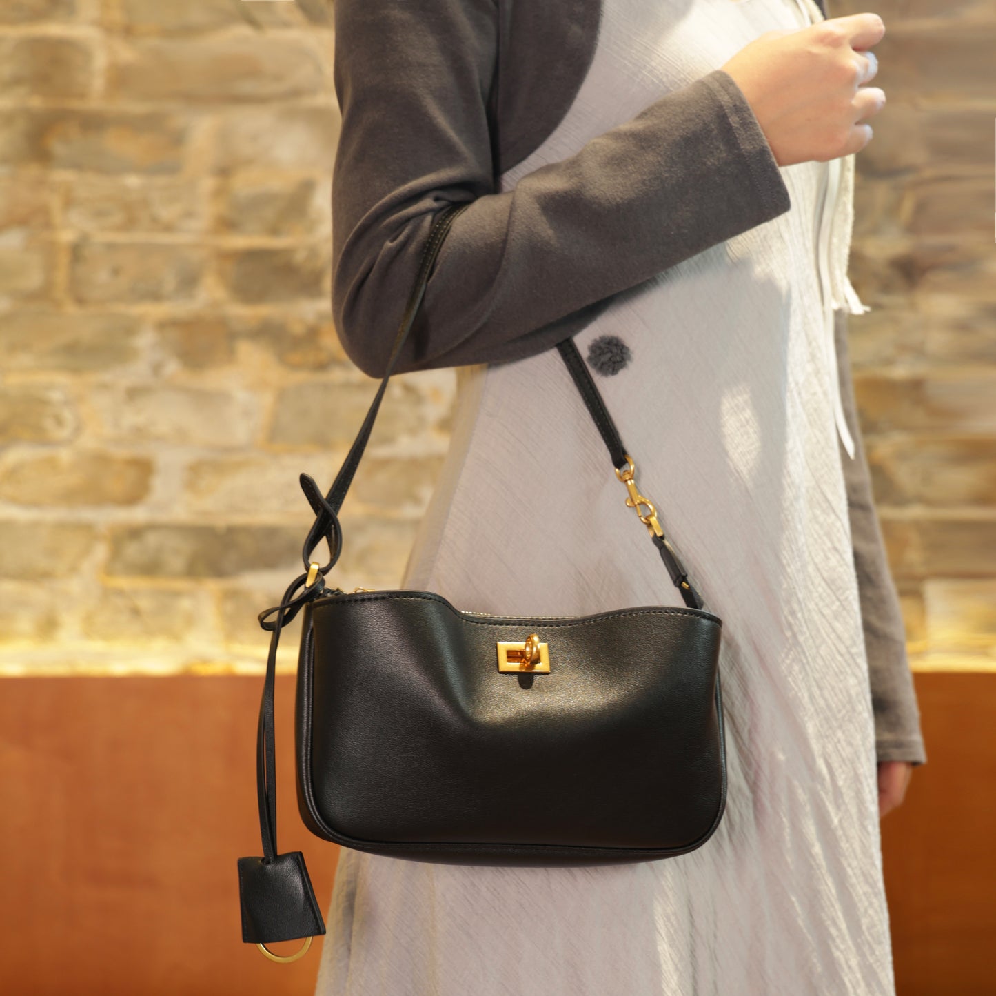 Timeless Elegance Minimalist Shoulder Bag | Black with Gold Buckle