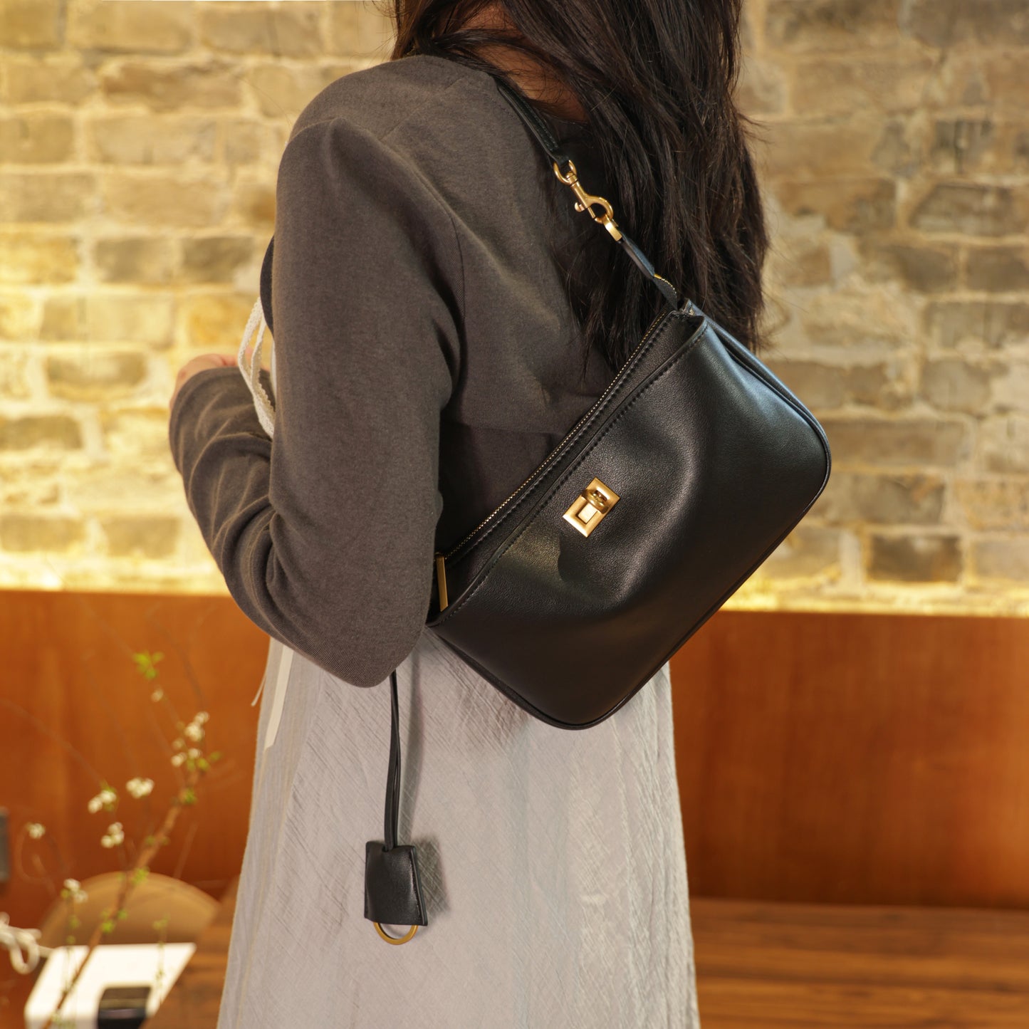 Timeless Elegance Minimalist Shoulder Bag | Black with Gold Buckle