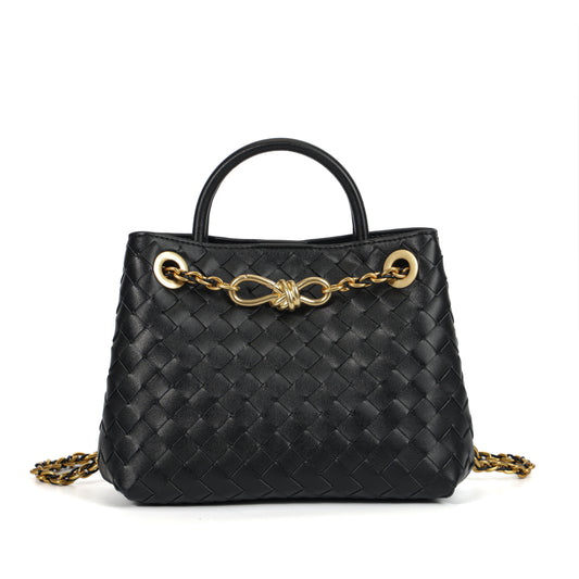 Modern Grace Black Calfskin Woven Tote Bag with Metal Knot Closure