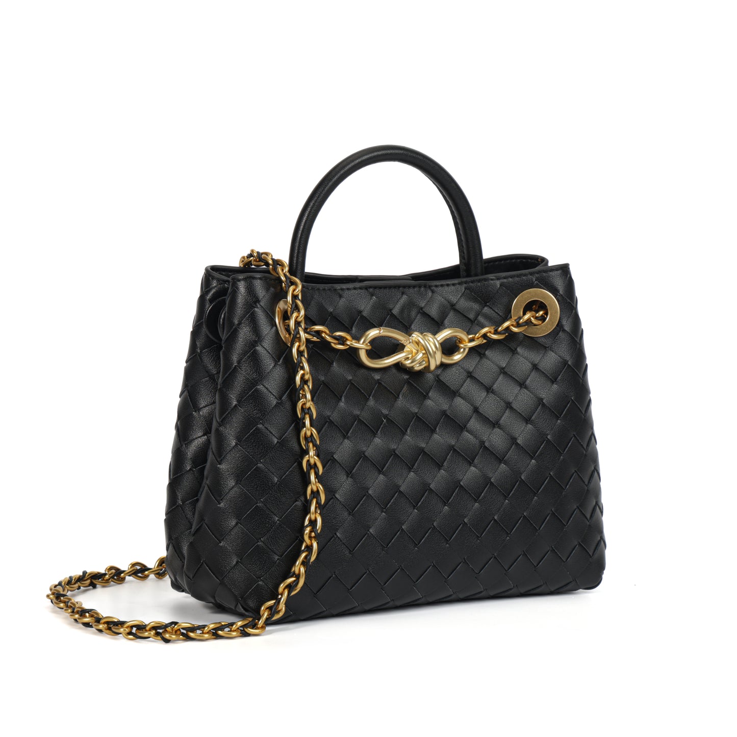 Modern Grace Black Calfskin Woven Tote Bag with Metal Knot Closure