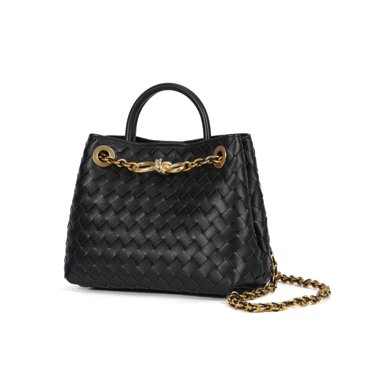 Modern Grace Black Calfskin Woven Tote Bag with Metal Knot Closure