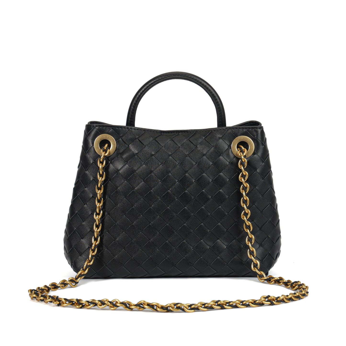 Modern Grace Black Calfskin Woven Tote Bag with Metal Knot Closure