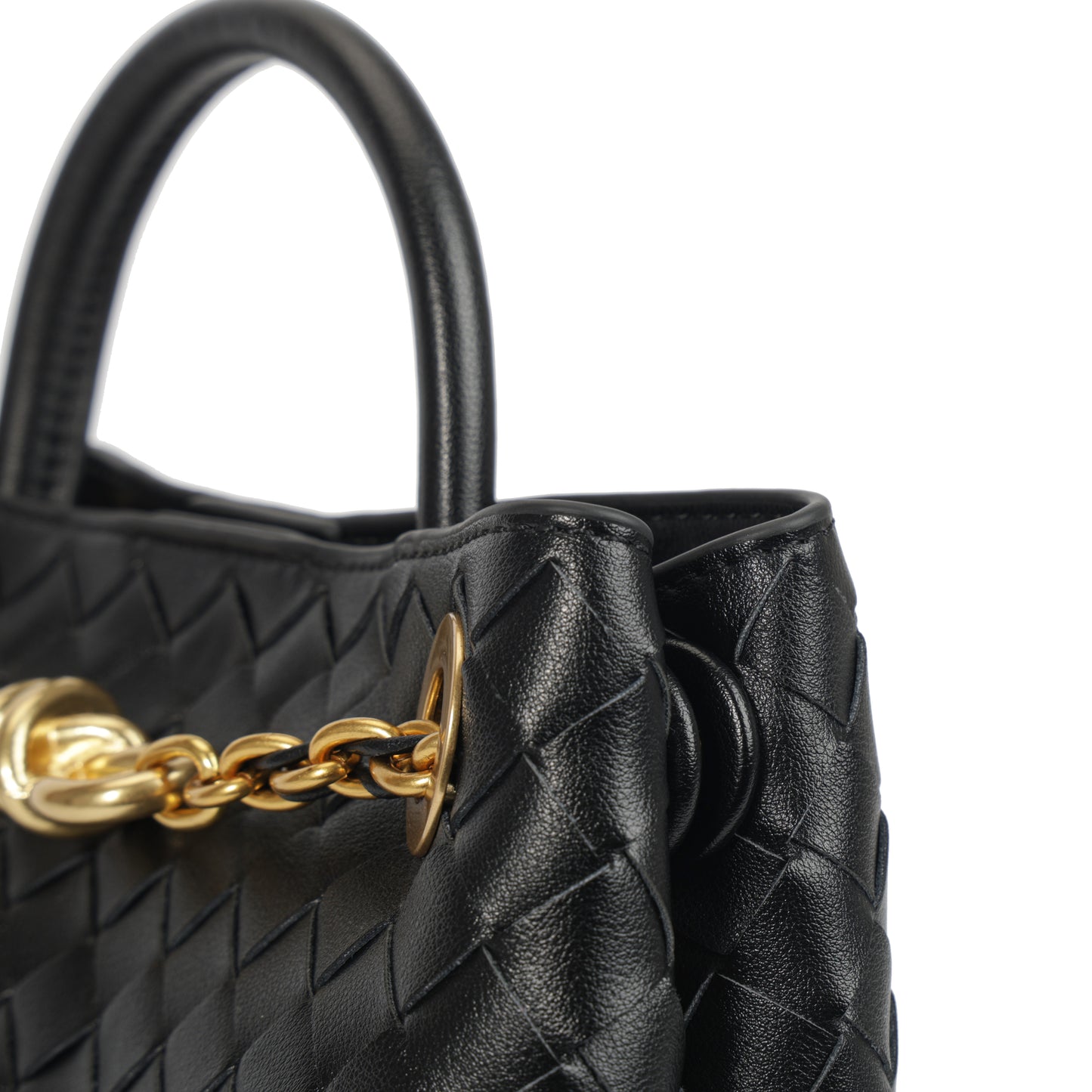 Modern Grace Black Calfskin Woven Tote Bag with Metal Knot Closure