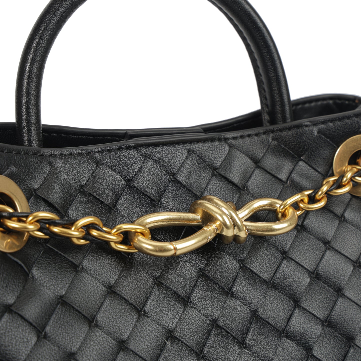 Modern Grace Black Calfskin Woven Tote Bag with Metal Knot Closure