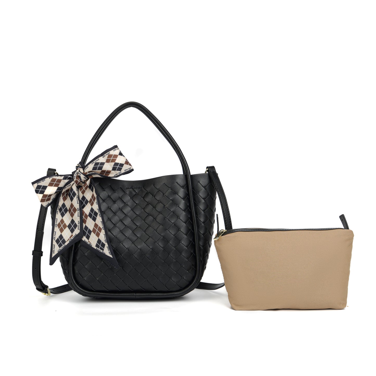 Modern Grace Woven Leather Black ToteBag with Silk Scarf | Handcrafted