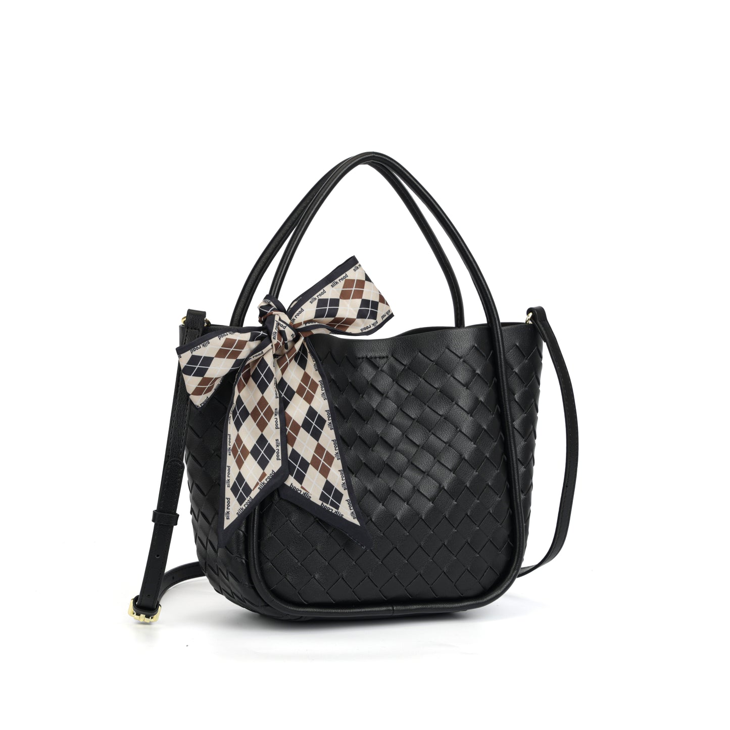 Modern Grace Woven Leather Black ToteBag with Silk Scarf | Handcrafted