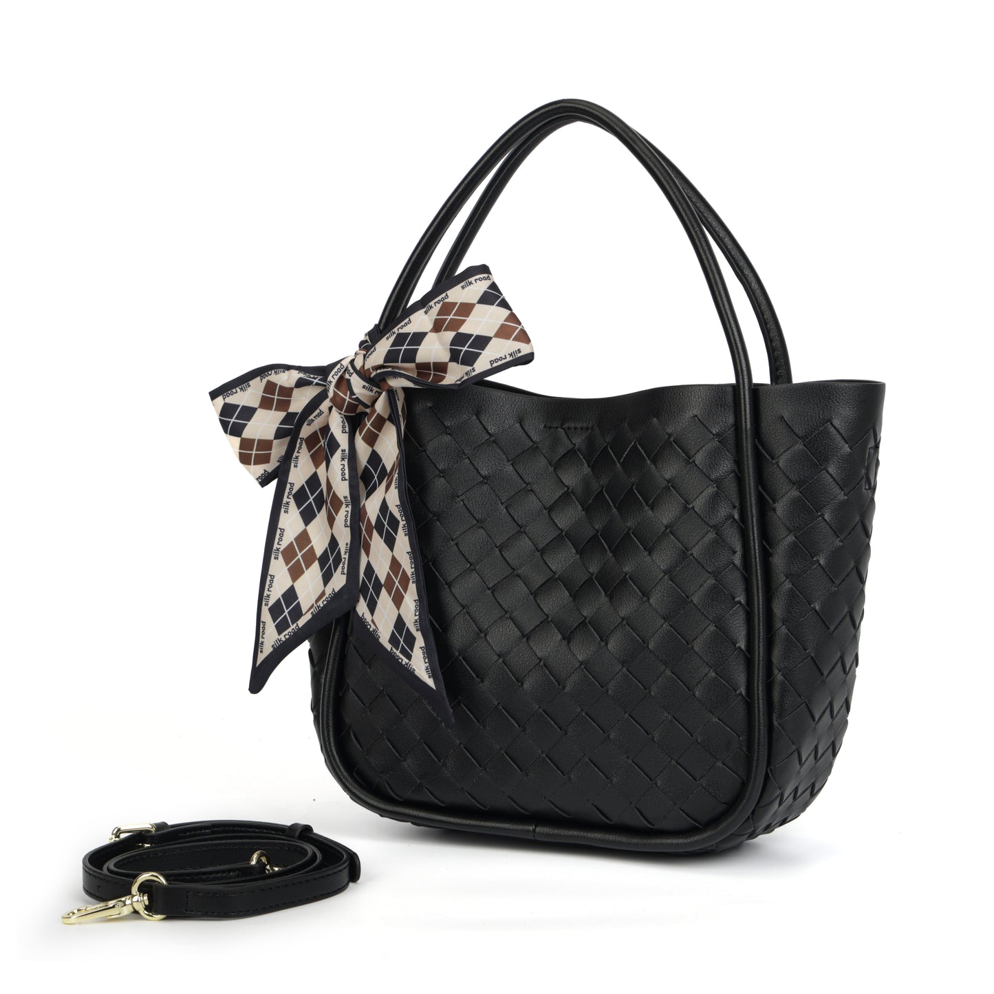 Modern Grace Woven Leather Black ToteBag with Silk Scarf | Handcrafted