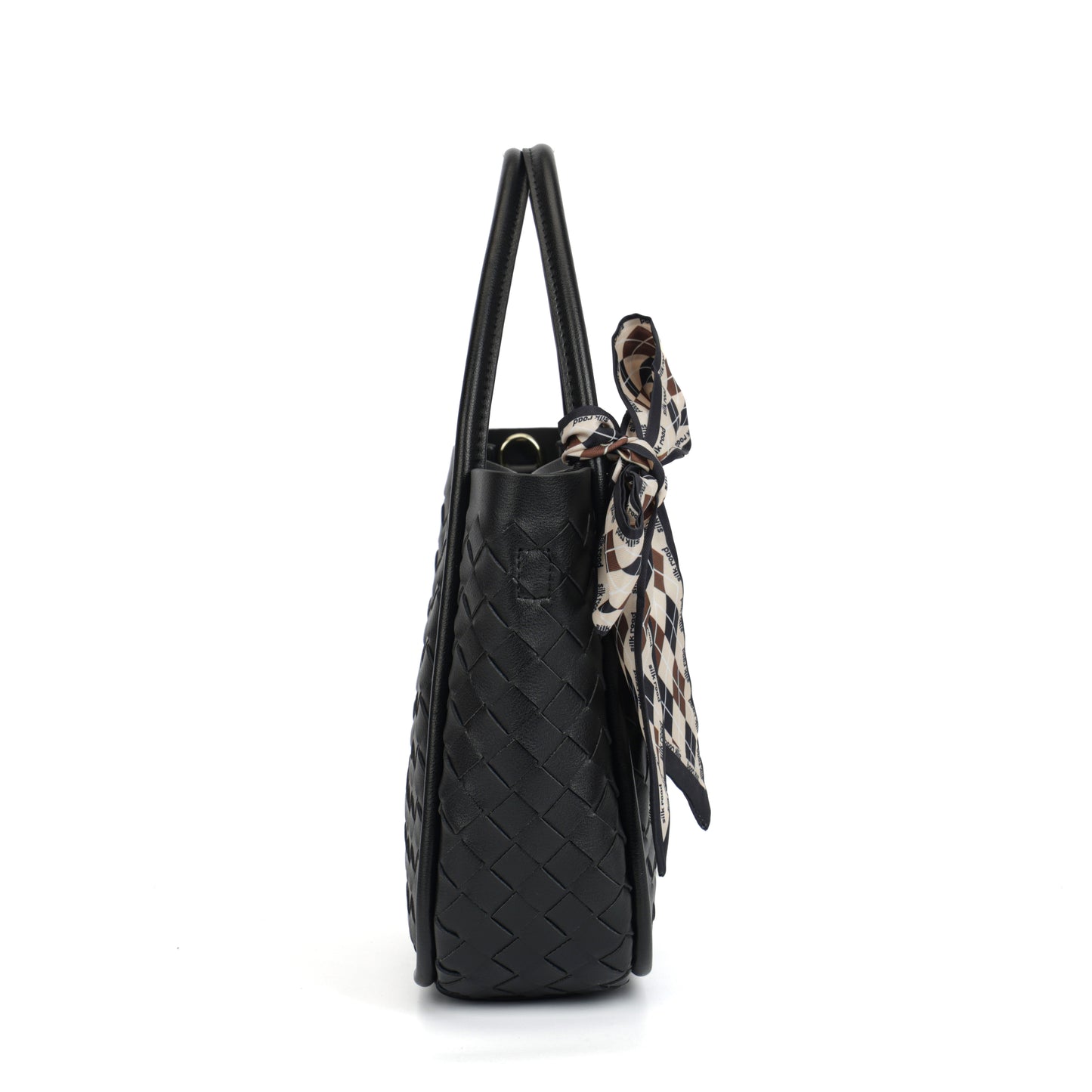 Modern Grace Woven Leather Black ToteBag with Silk Scarf | Handcrafted