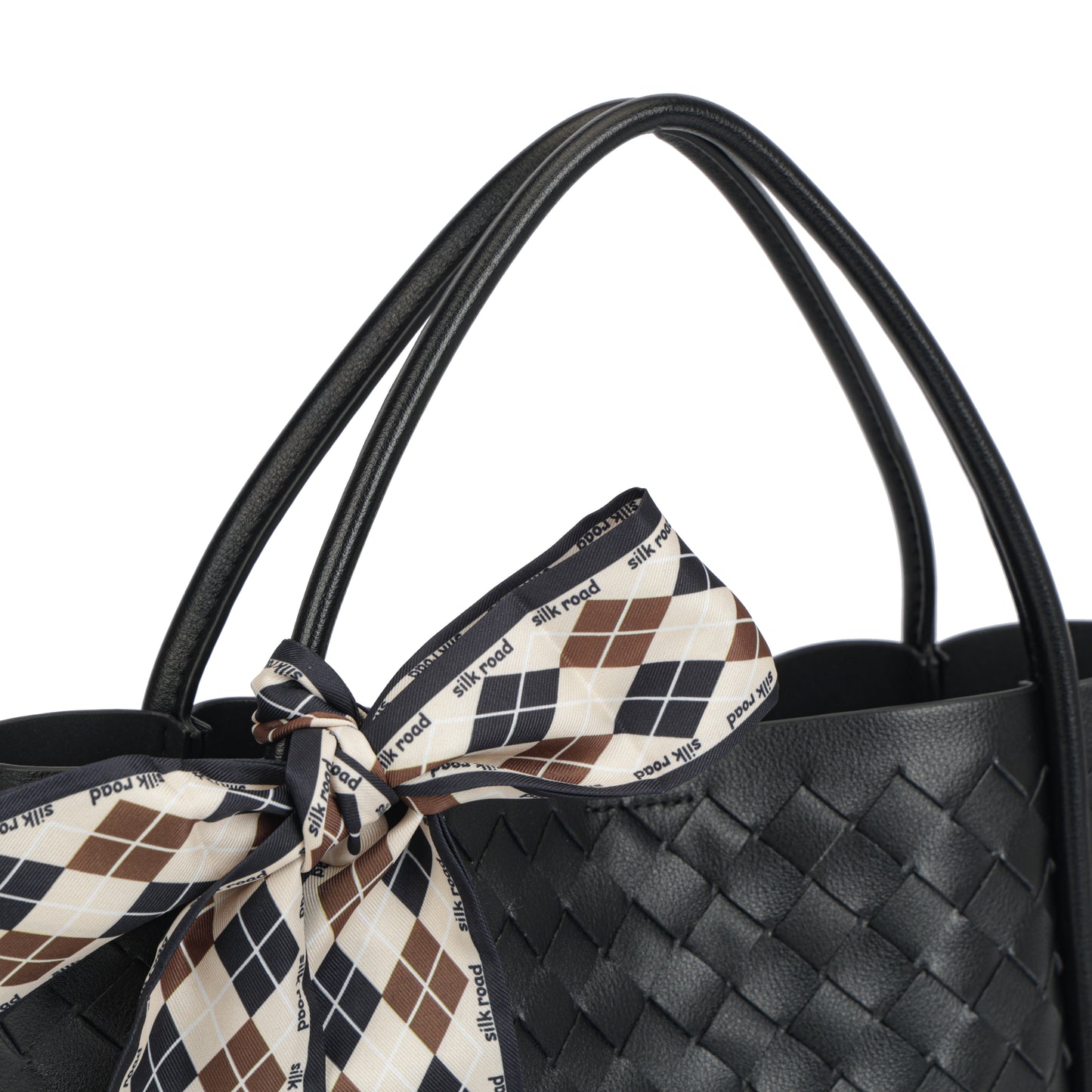 Modern Grace Woven Leather Black ToteBag with Silk Scarf | Handcrafted