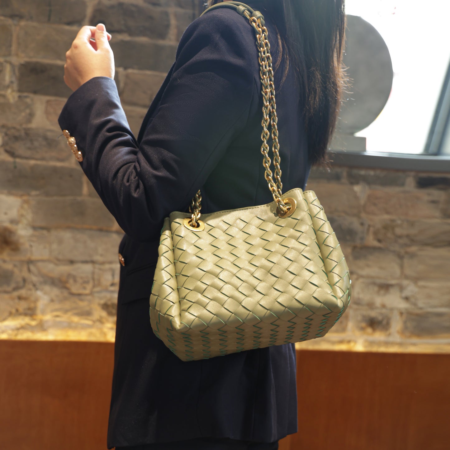 Modern Grace Chain Bag | Avocado Green Woven Calfskin Handbag&Shoulder