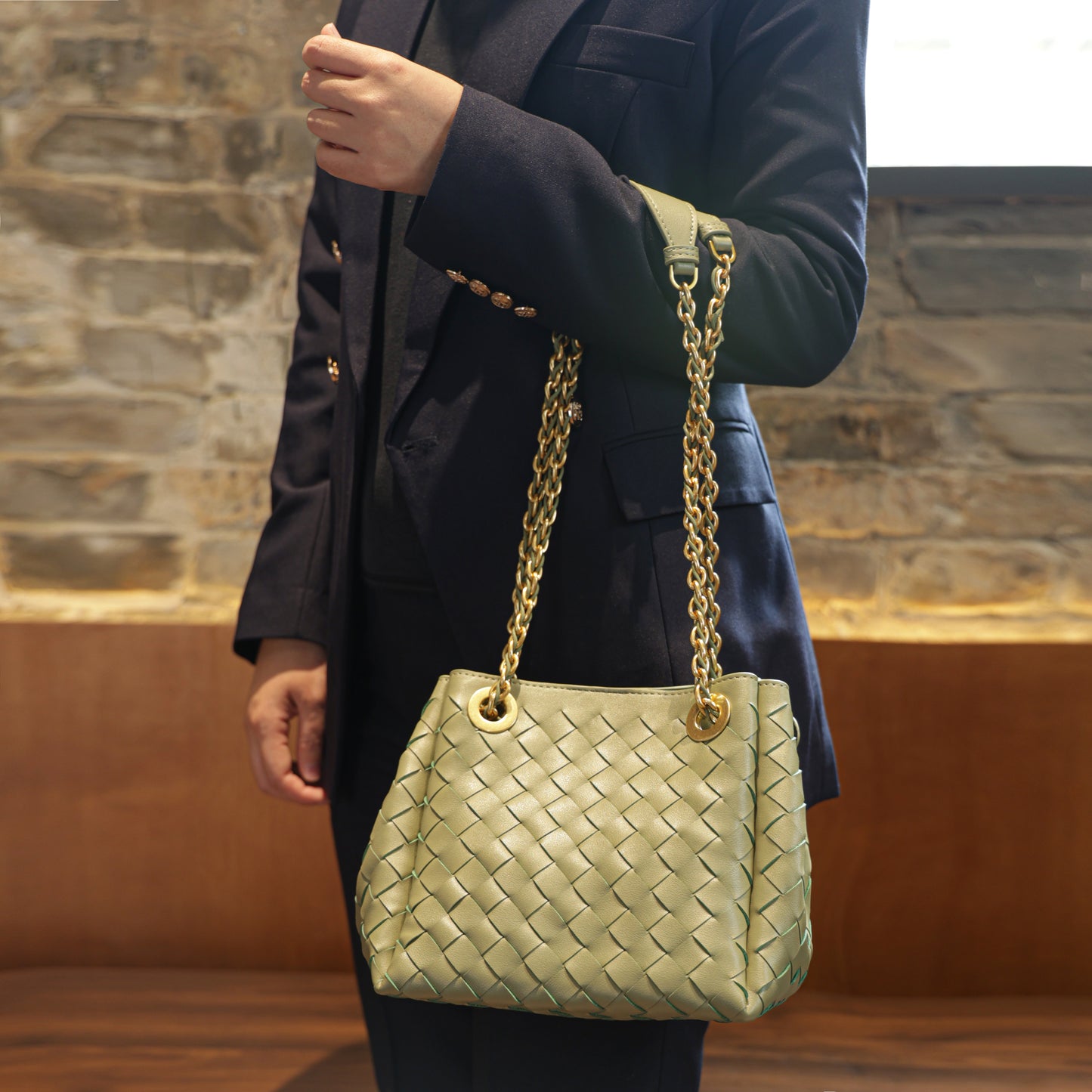 Modern Grace Chain Bag | Avocado Green Woven Calfskin Handbag&Shoulder