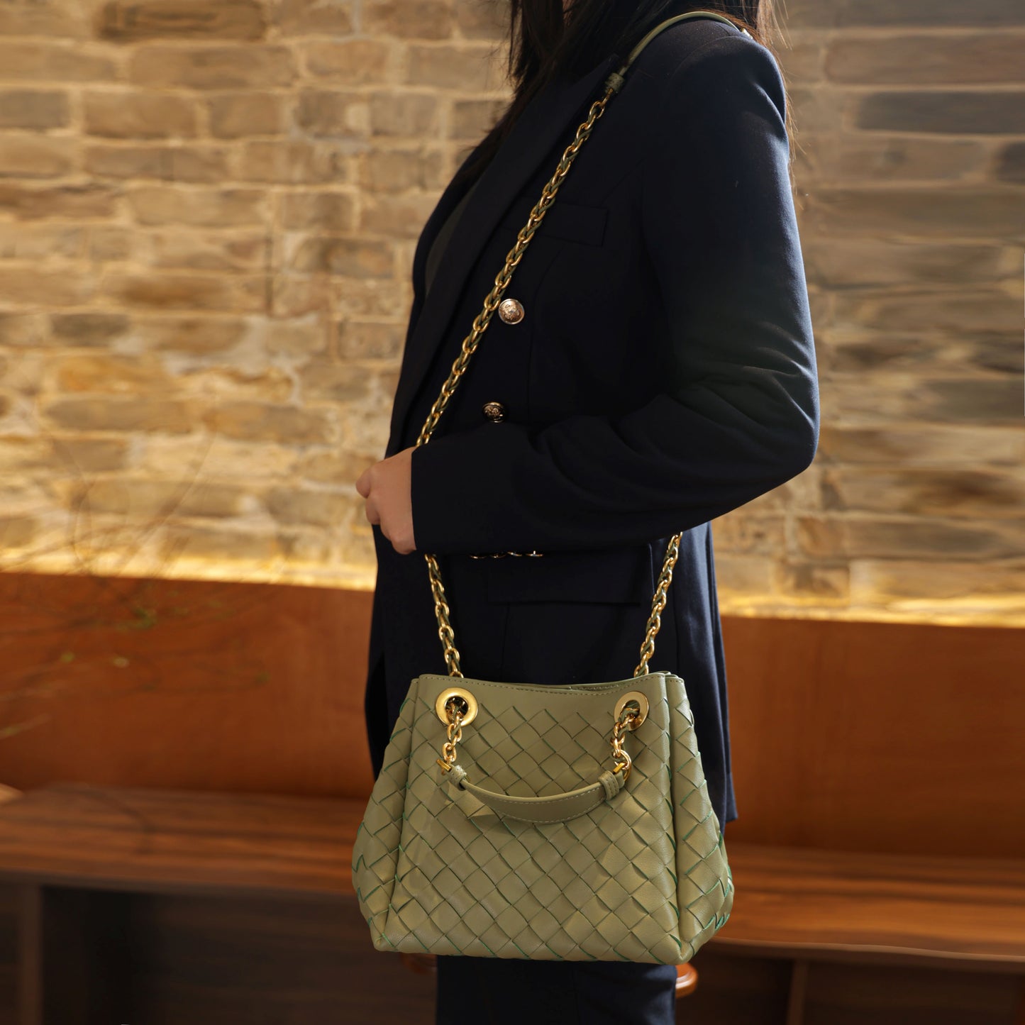 Modern Grace Chain Bag | Avocado Green Woven Calfskin Handbag&Shoulder