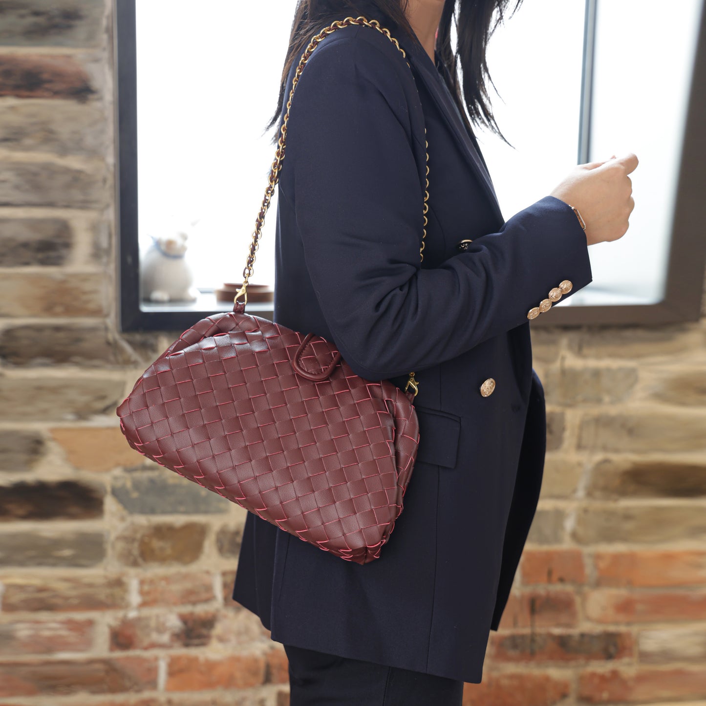 Modern Grace Cloud Bag | Burgundy Woven Leather Shoulder & Clutch Bag