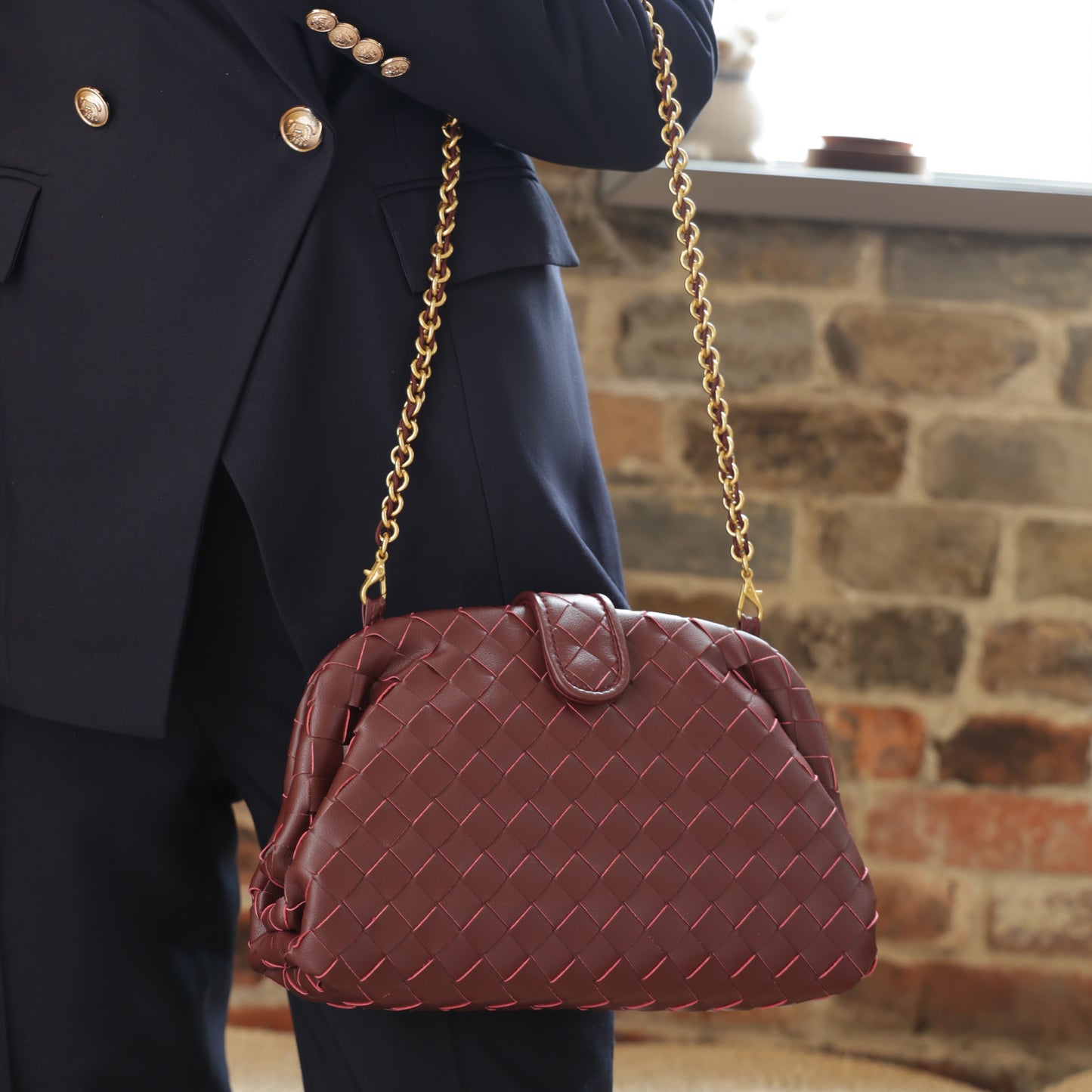 Modern Grace Cloud Bag | Burgundy Woven Leather Shoulder & Clutch Bag