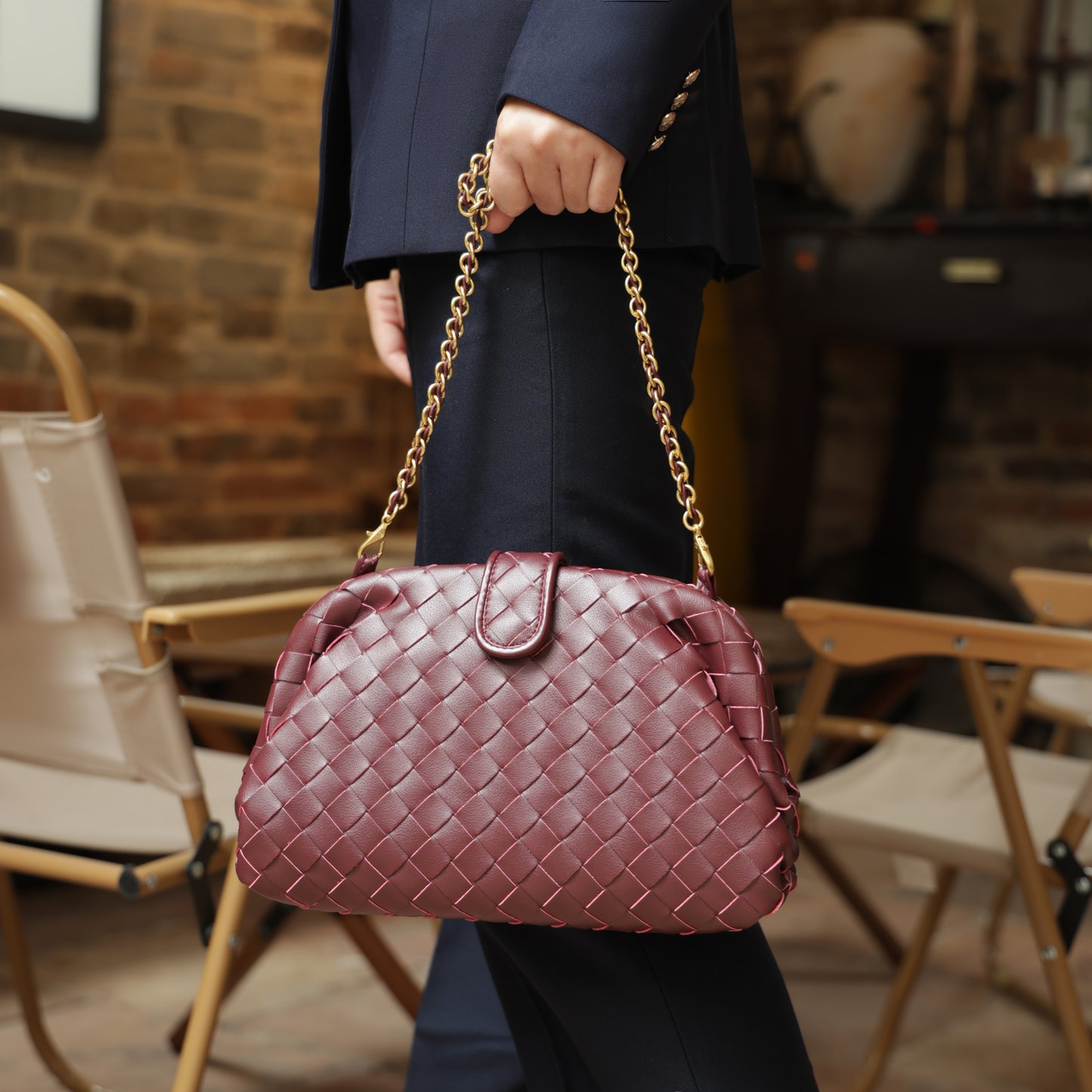 Modern Grace Cloud Bag | Burgundy Woven Leather Shoulder & Clutch Bag