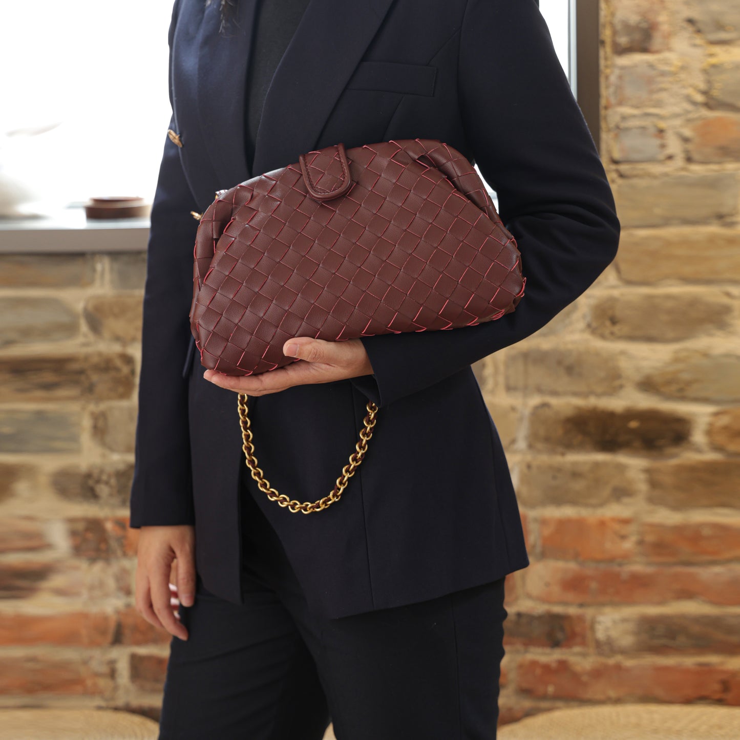 Modern Grace Cloud Bag | Burgundy Woven Leather Shoulder & Clutch Bag