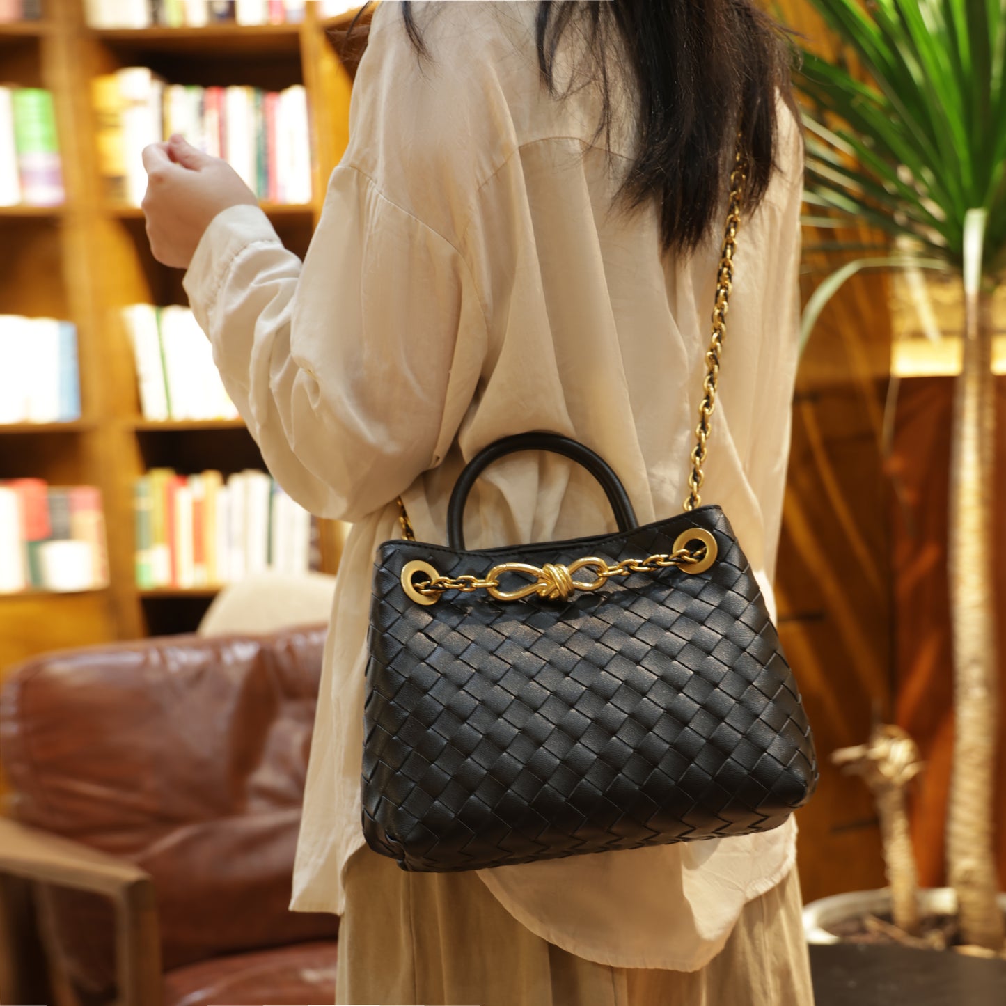 Modern Grace Black Calfskin Woven Tote Bag with Metal Knot Closure