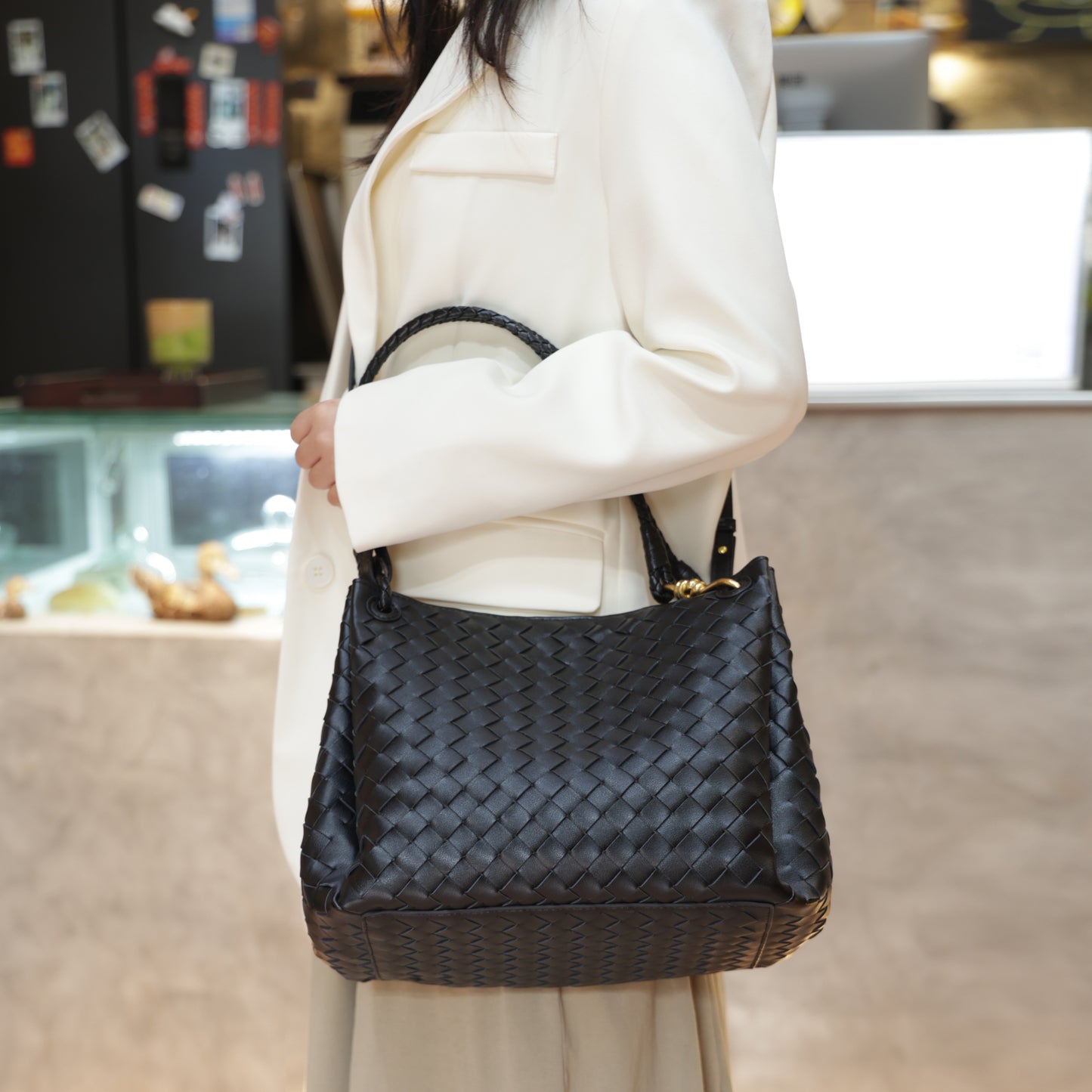 Modern Grace Black Woven Leather Big Parachute Bag | Spacious&Stylish